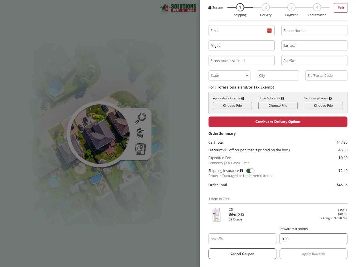 Solutions Pest & Lawn checkout page showing Solutions Pest & Lawn discount code box | Screenshot taken by SimplyCodes community member on Oct 8, 2025
