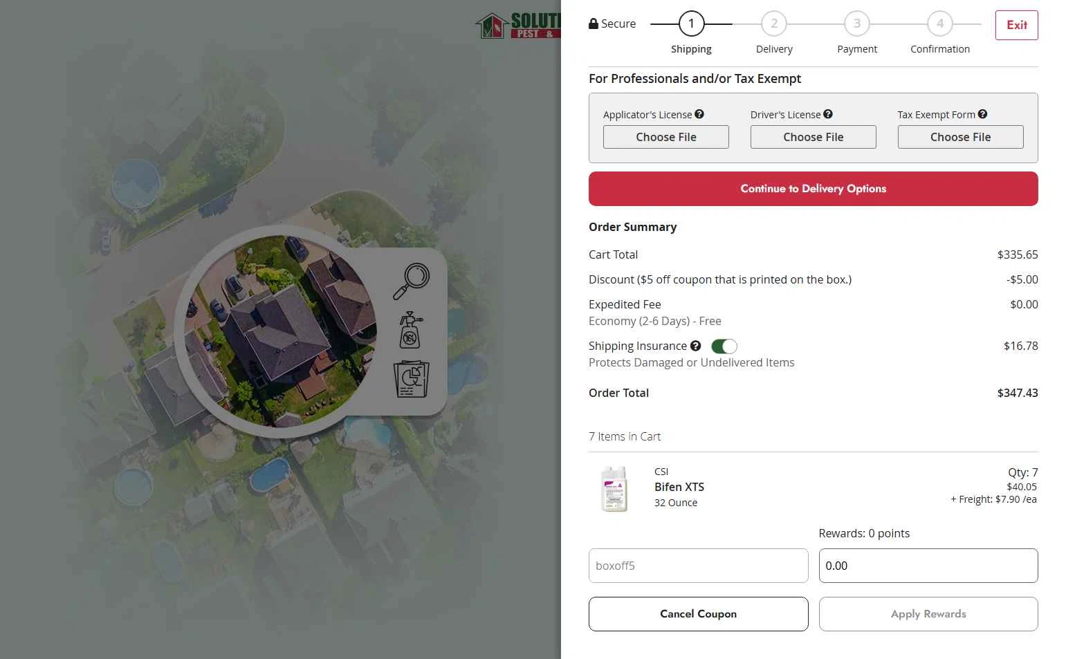 Solutions Pest & Lawn checkout page showing Solutions Pest & Lawn discount code box | Screenshot taken by SimplyCodes community member on Sep 14, 2025