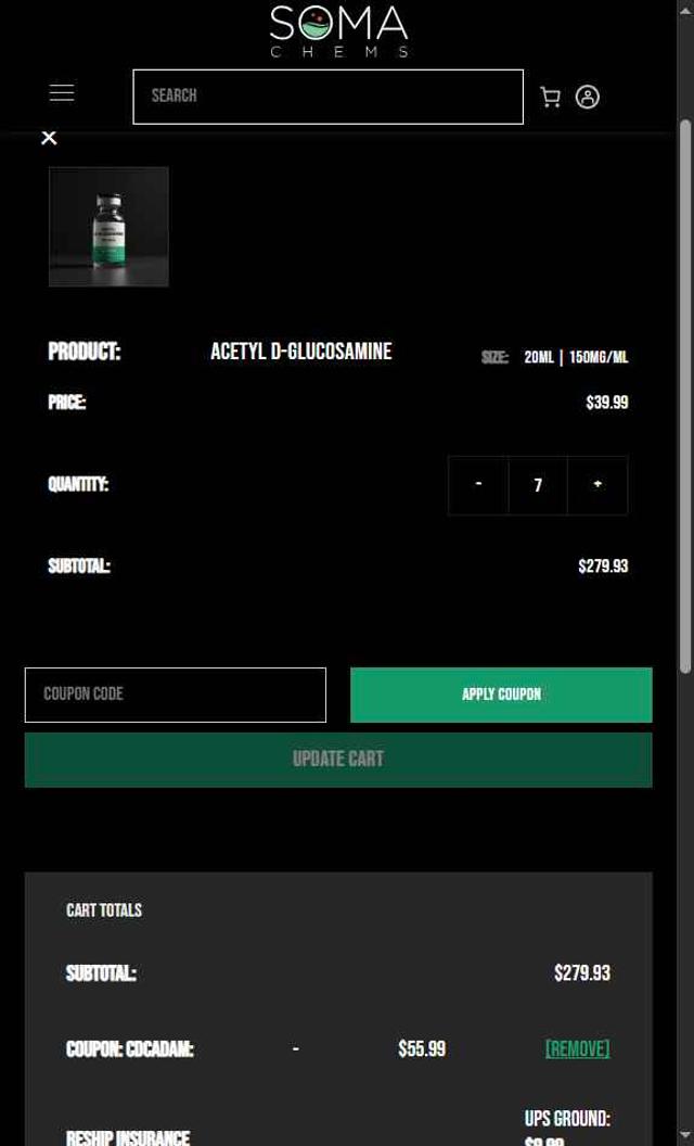 Soma Chems checkout page showing Soma Chems discount code box | Screenshot taken by SimplyCodes community member on Aug 24, 2025