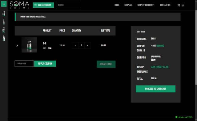 Soma Chems checkout page showing Soma Chems discount code box | Screenshot taken by SimplyCodes community member on Sep 10, 2025