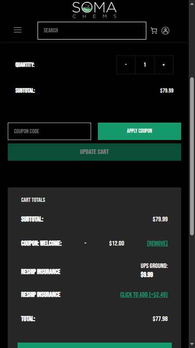Soma Chems checkout page showing Soma Chems discount code box | Screenshot taken by SimplyCodes community member on Aug 24, 2025