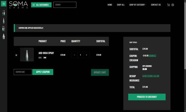 Soma Chems checkout page showing Soma Chems discount code box | Screenshot taken by SimplyCodes community member on Sep 9, 2025