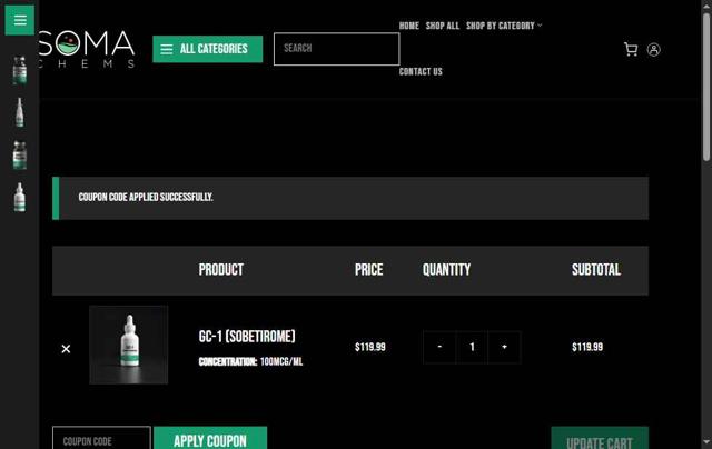 Soma Chems checkout page showing Soma Chems discount code box | Screenshot taken by SimplyCodes community member on Aug 28, 2025