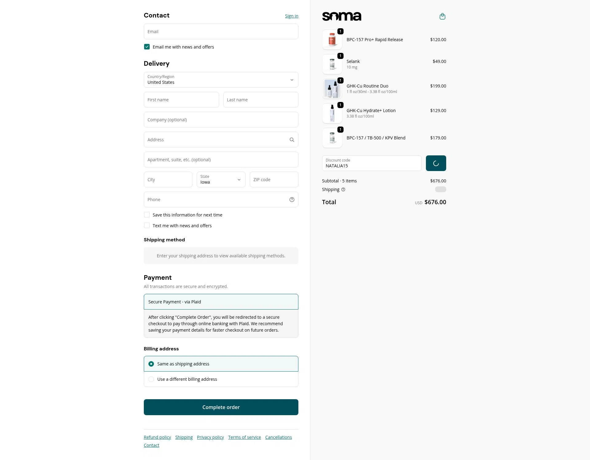 Soma Peptides checkout page showing Soma Peptides discount code box | Screenshot taken by SimplyCodes community member on Feb 5, 2026