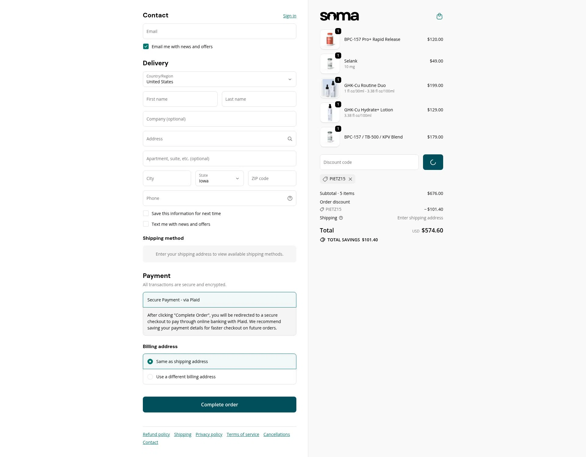 Soma Peptides checkout page showing Soma Peptides discount code box | Screenshot taken by SimplyCodes community member on Feb 9, 2026