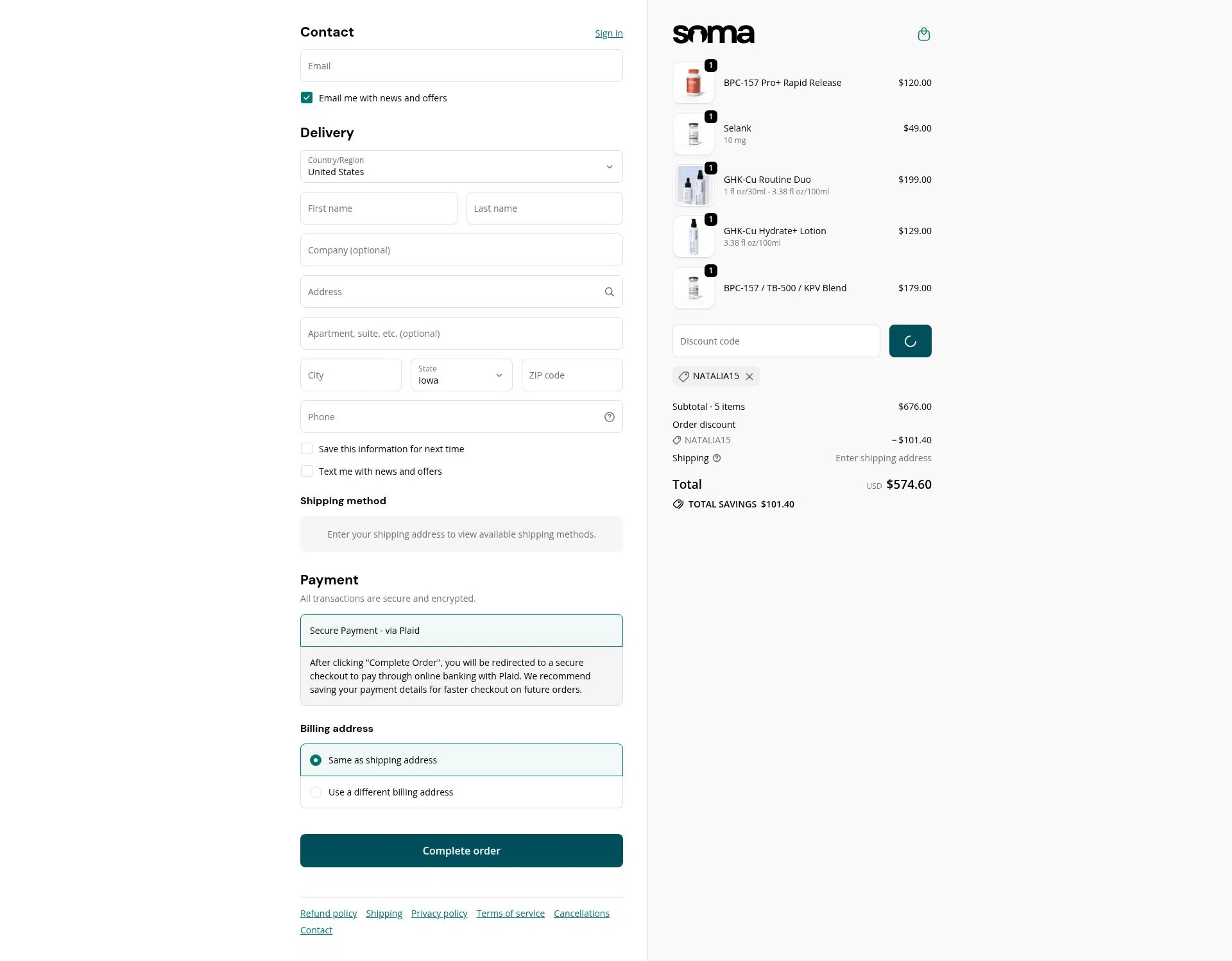 Soma Peptides checkout page showing Soma Peptides discount code box | Screenshot taken by SimplyCodes community member on Feb 9, 2026