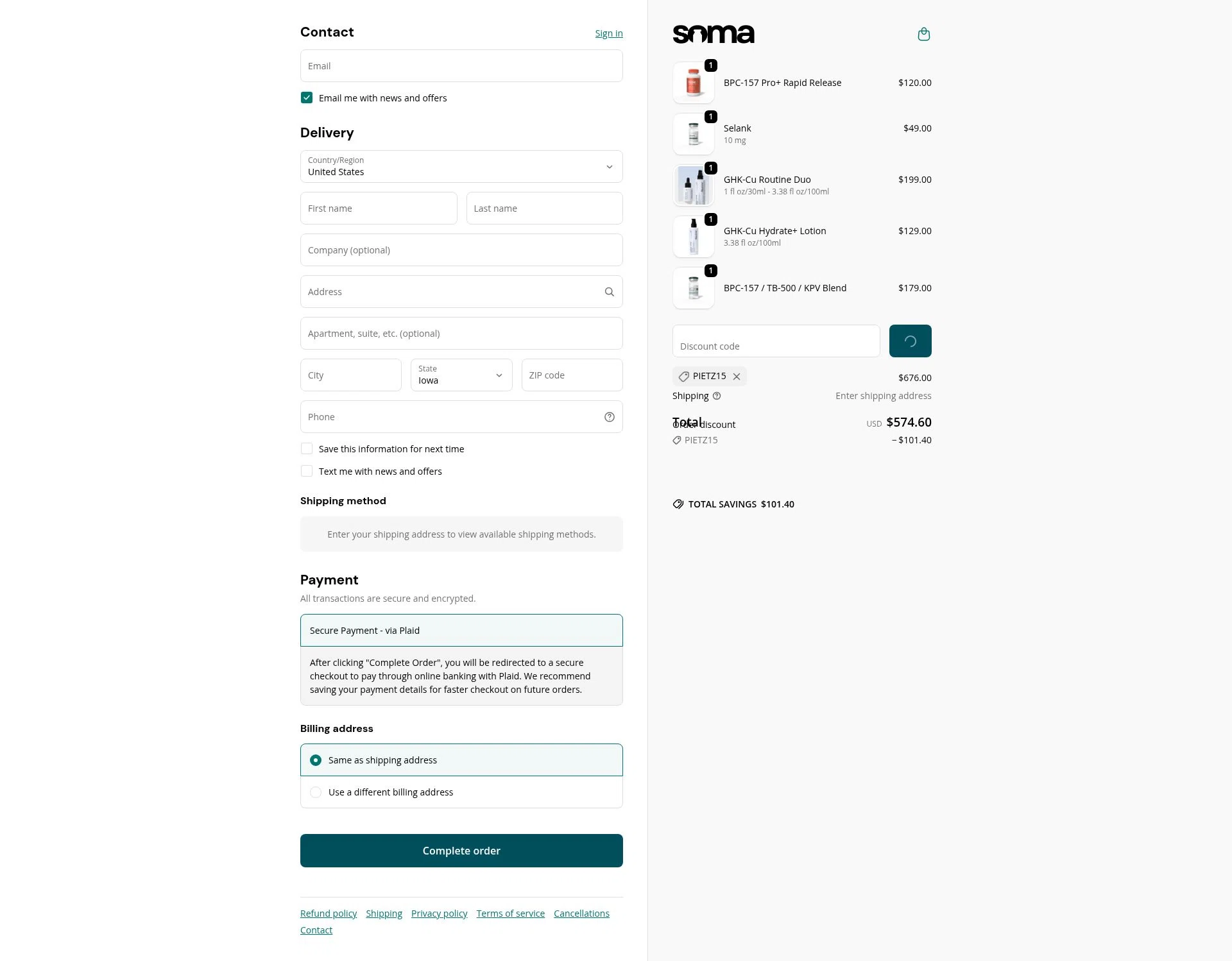 Soma Peptides checkout page showing Soma Peptides discount code box | Screenshot taken by SimplyCodes community member on Feb 5, 2026