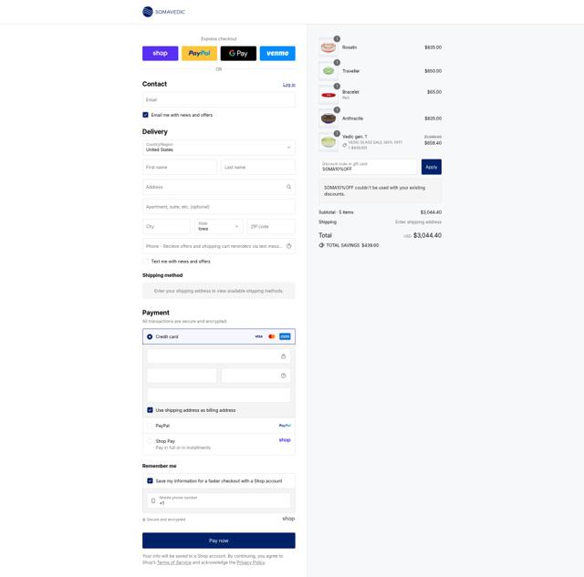 Somavedic checkout page showing Somavedic discount code box | Screenshot taken by SimplyCodes community member on Sep 6, 2025