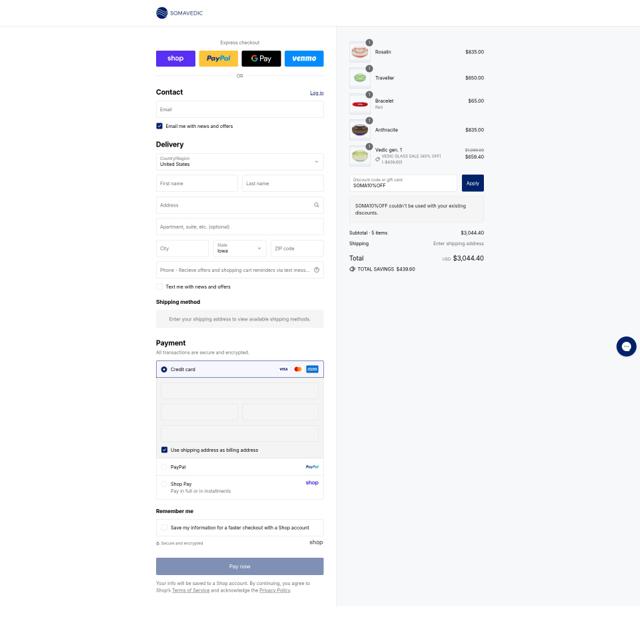 Somavedic checkout page showing Somavedic discount code box | Screenshot taken by SimplyCodes community member on Sep 2, 2025