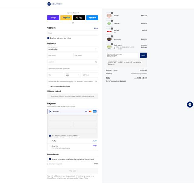 Somavedic checkout page showing Somavedic discount code box | Screenshot taken by SimplyCodes community member on Aug 29, 2025