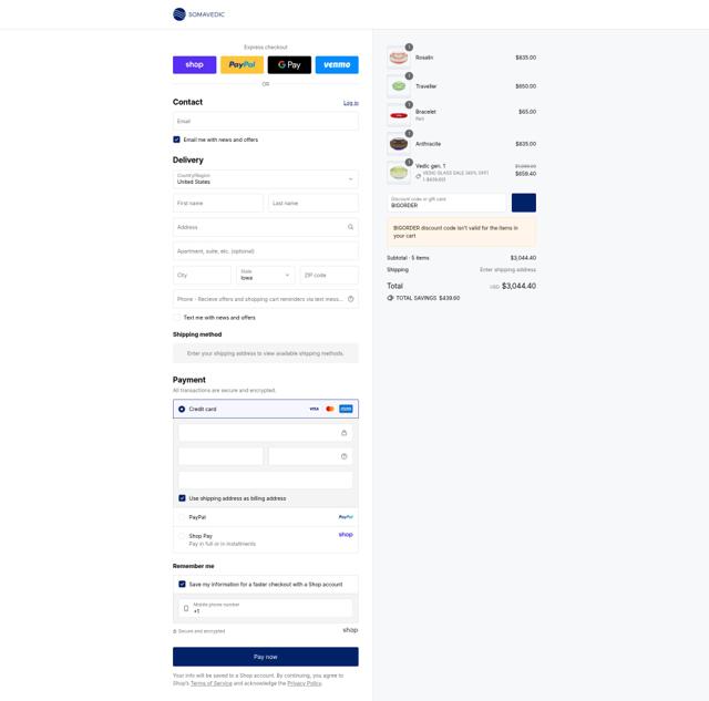 Somavedic checkout page showing Somavedic discount code box | Screenshot taken by SimplyCodes community member on Sep 2, 2025