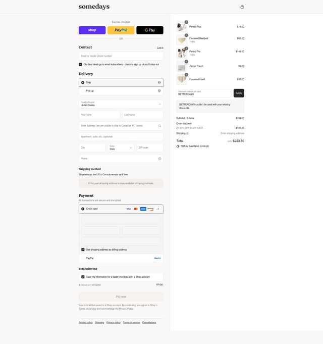 somedays checkout page showing somedays discount code box | Screenshot taken by SimplyCodes community member on Sep 8, 2025