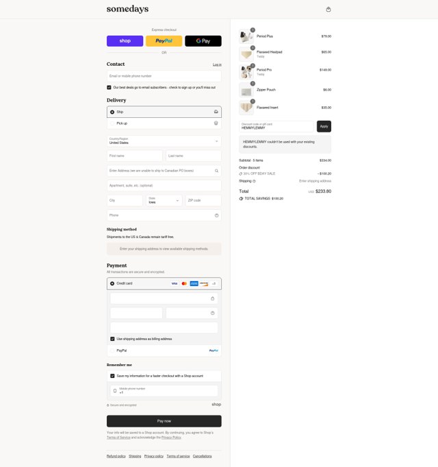 somedays checkout page showing somedays discount code box | Screenshot taken by SimplyCodes community member on Sep 8, 2025