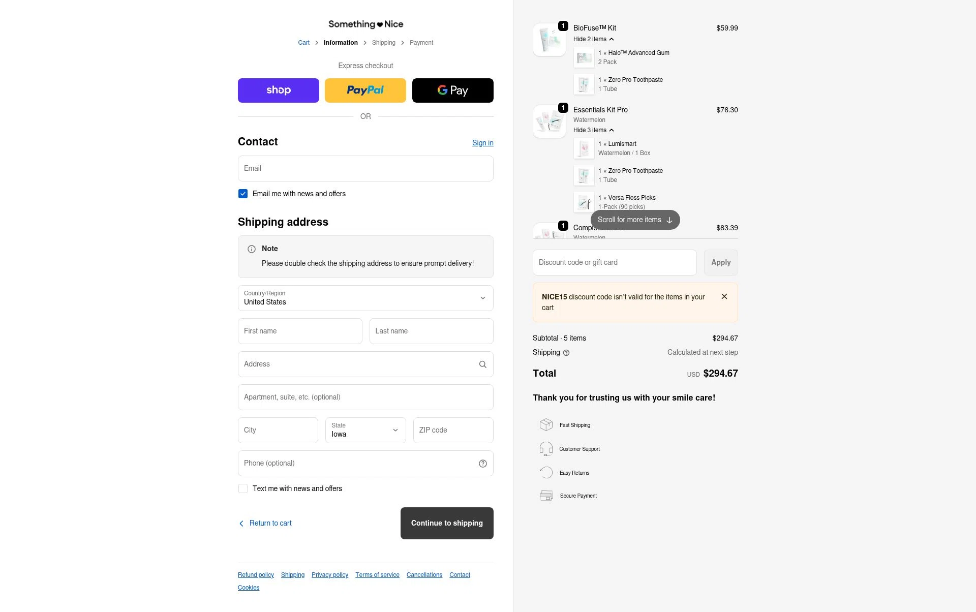Something Nice checkout page showing Something Nice discount code box | Screenshot taken by SimplyCodes community member on Jan 8, 2026
