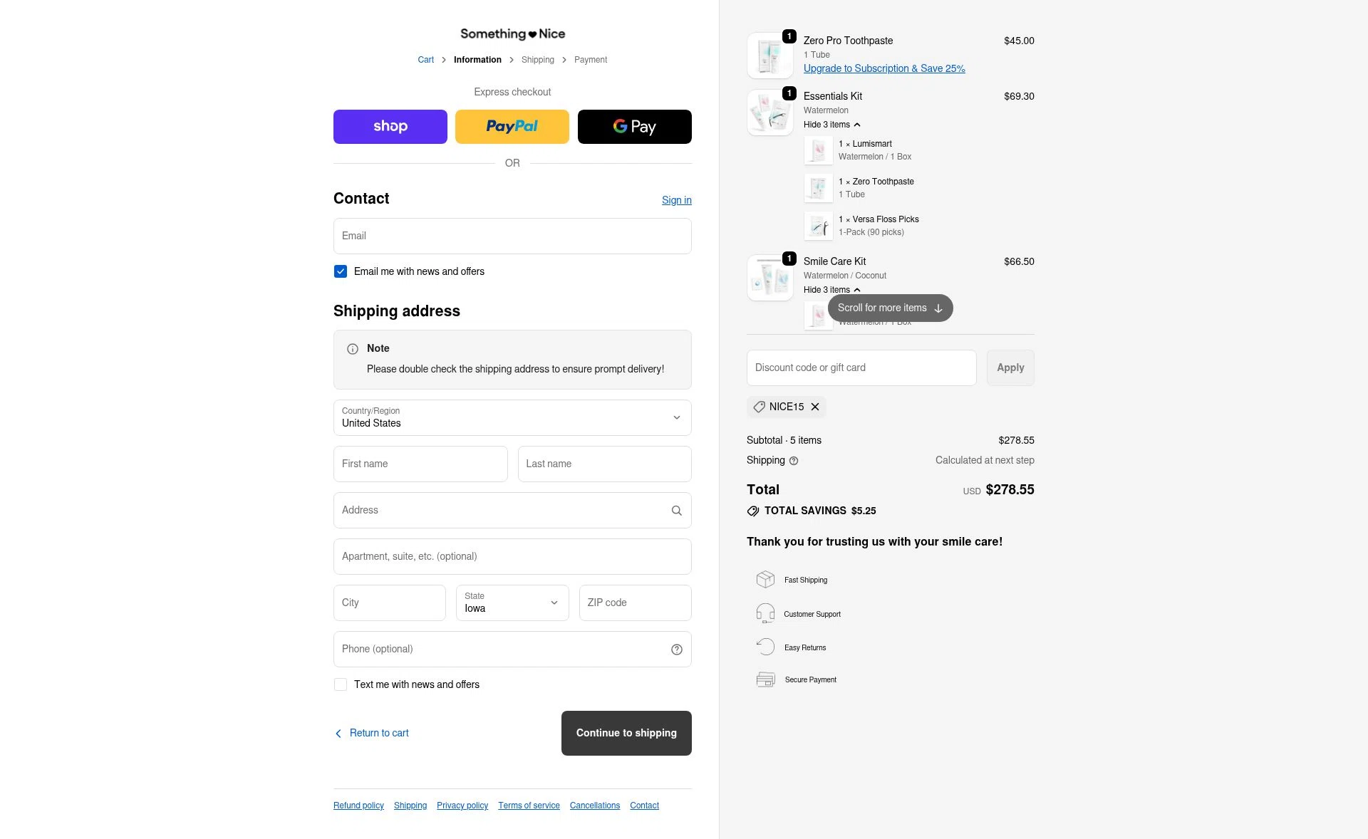 Something Nice checkout page showing Something Nice discount code box | Screenshot taken by SimplyCodes community member on Dec 24, 2025
