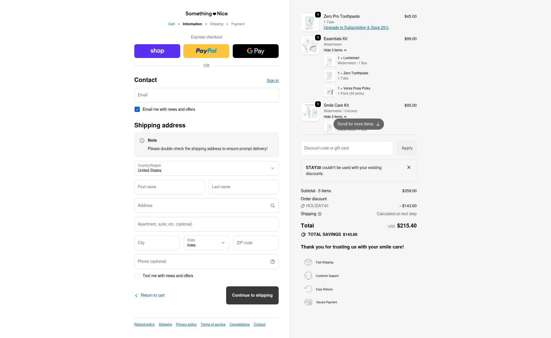 Something Nice checkout page showing Something Nice discount code box | Screenshot taken by SimplyCodes community member on Dec 17, 2025
