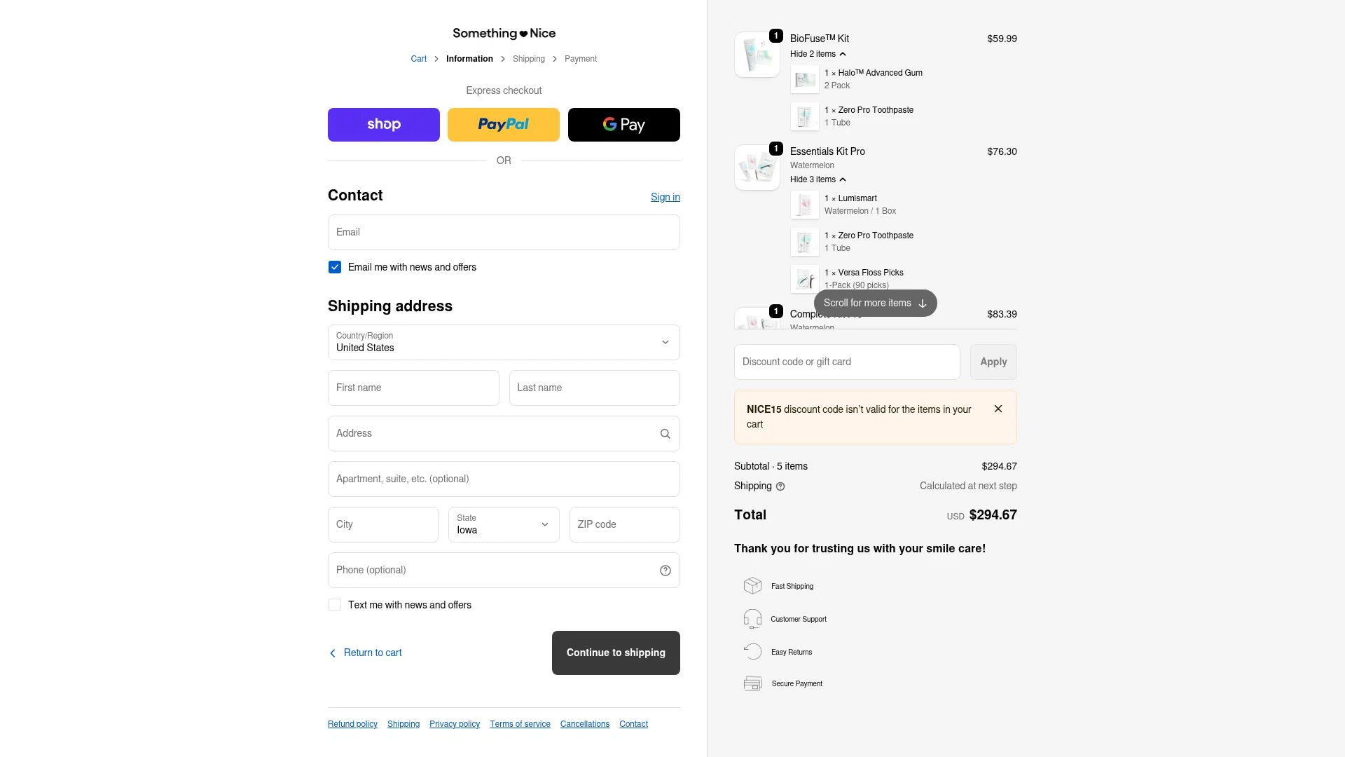 Something Nice checkout page showing Something Nice discount code box | Screenshot taken by SimplyCodes community member on Dec 29, 2025