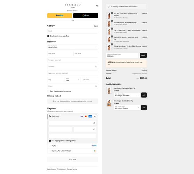 Sommer Swim checkout page showing Sommer Swim discount code box | Screenshot taken by SimplyCodes community member on Sep 11, 2025