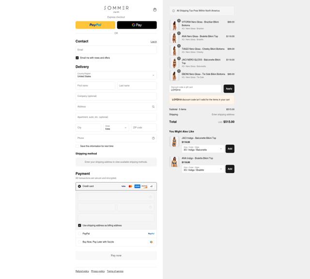 Sommer Swim checkout page showing Sommer Swim discount code box | Screenshot taken by SimplyCodes community member on Sep 8, 2025