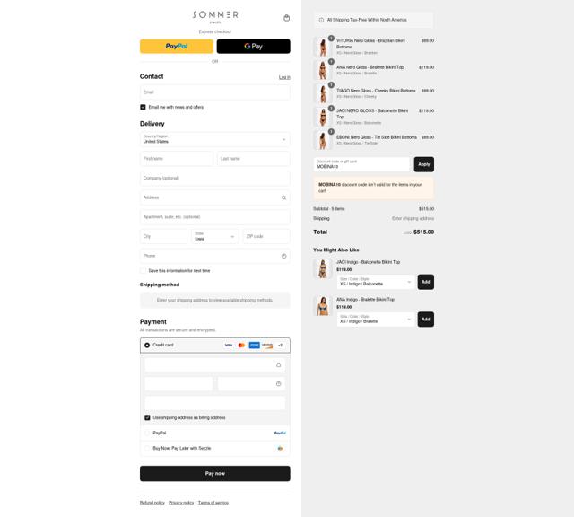 Sommer Swim checkout page showing Sommer Swim discount code box | Screenshot taken by SimplyCodes community member on Aug 30, 2025