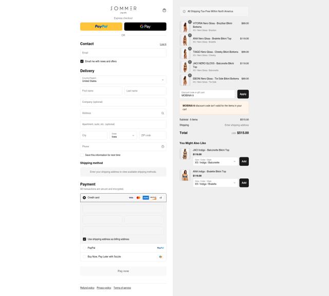Sommer Swim checkout page showing Sommer Swim discount code box | Screenshot taken by SimplyCodes community member on Sep 8, 2025