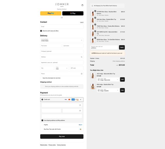 Sommer Swim checkout page showing Sommer Swim discount code box | Screenshot taken by SimplyCodes community member on Sep 3, 2025