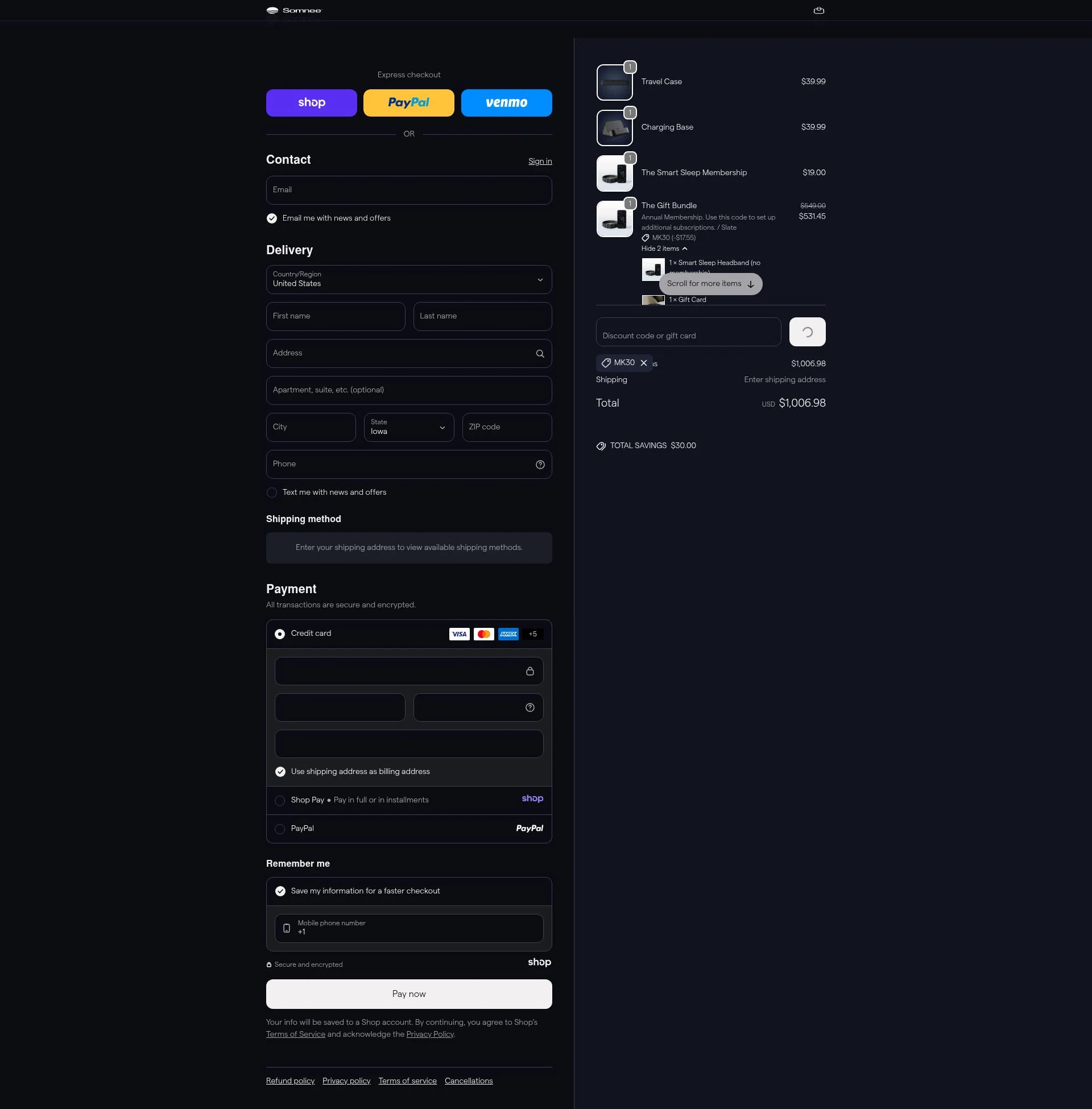 Somnee checkout page showing Somnee promo code box | Screenshot taken by SimplyCodes community member on Jan 8, 2026