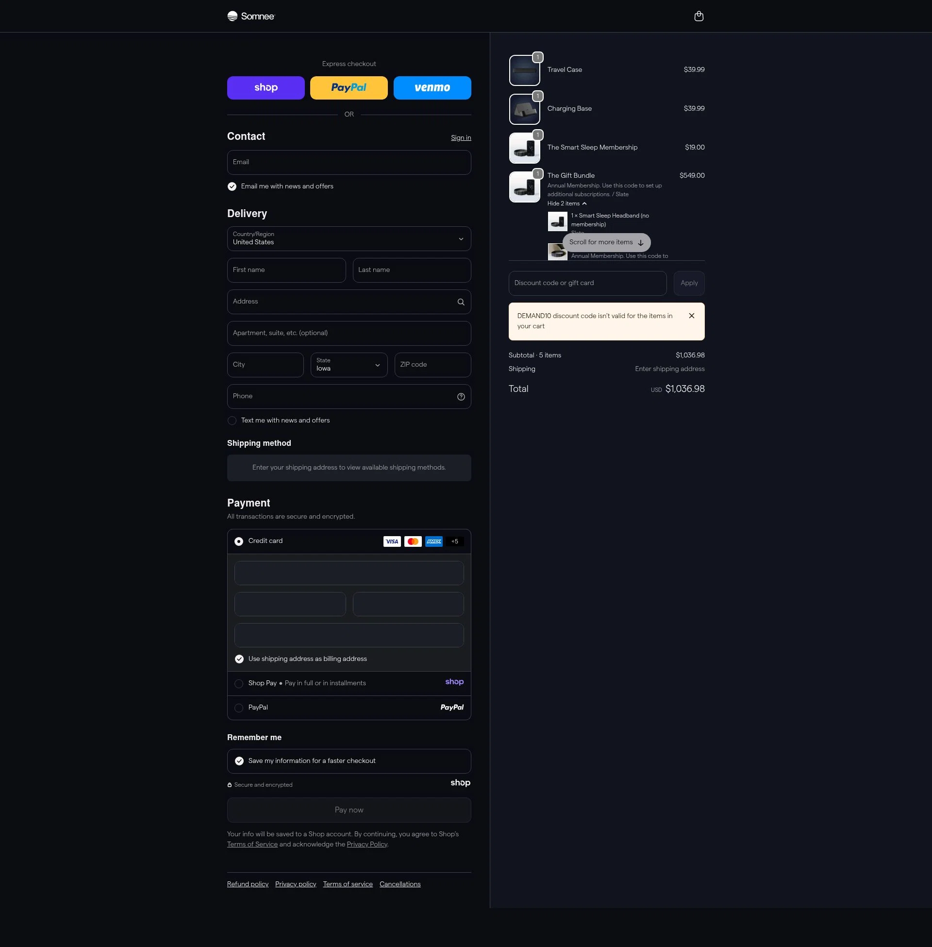 Somnee checkout page showing Somnee promo code box | Screenshot taken by SimplyCodes community member on Jan 3, 2026