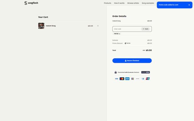 Songfinch checkout page showing Songfinch promo code box | Screenshot taken by SimplyCodes community member on Sep 16, 2025