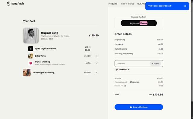 Songfinch checkout page showing Songfinch promo code box | Screenshot taken by SimplyCodes community member on Aug 7, 2025