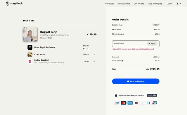 Songfinch checkout page showing Songfinch promo code box | Screenshot taken by SimplyCodes community member on Aug 7, 2025