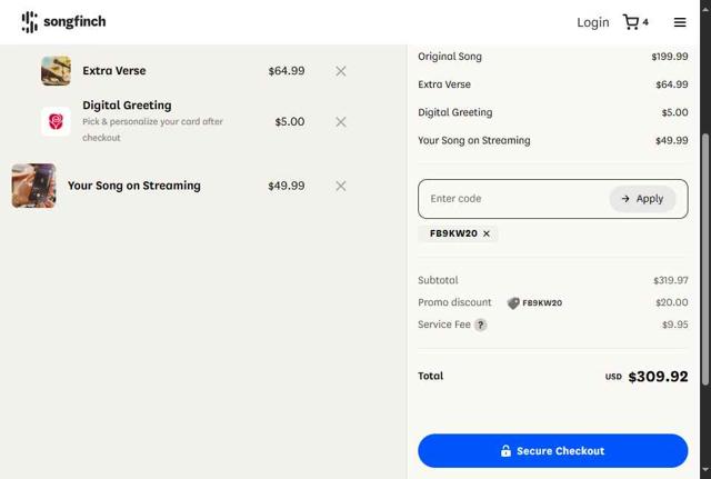 Songfinch checkout page showing Songfinch promo code box | Screenshot taken by SimplyCodes community member on Sep 16, 2025