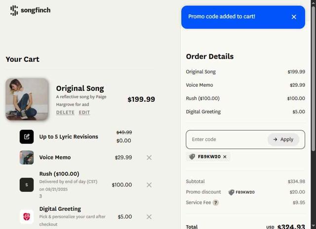 Songfinch checkout page showing Songfinch promo code box | Screenshot taken by SimplyCodes community member on Aug 18, 2025