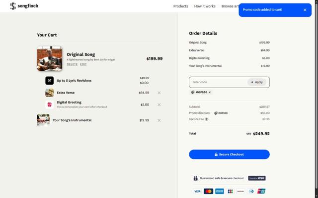 Songfinch checkout page showing Songfinch promo code box | Screenshot taken by SimplyCodes community member on Sep 4, 2025