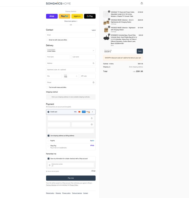 Songmics checkout page showing Songmics discount code box | Screenshot taken by SimplyCodes community member on Sep 2, 2025