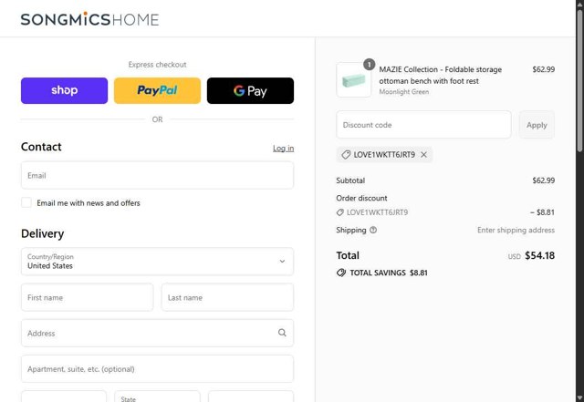 Songmics checkout page showing Songmics discount code box | Screenshot taken by SimplyCodes community member on Sep 3, 2025