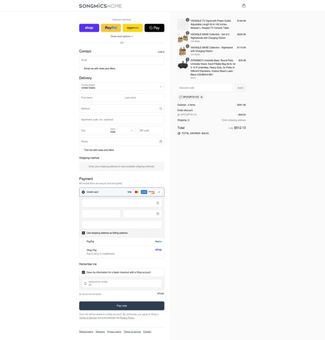 Songmics checkout page showing Songmics discount code box | Screenshot taken by SimplyCodes community member on Sep 2, 2025