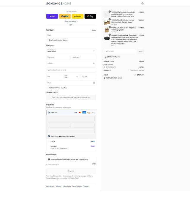 Songmics checkout page showing Songmics discount code box | Screenshot taken by SimplyCodes community member on Sep 2, 2025
