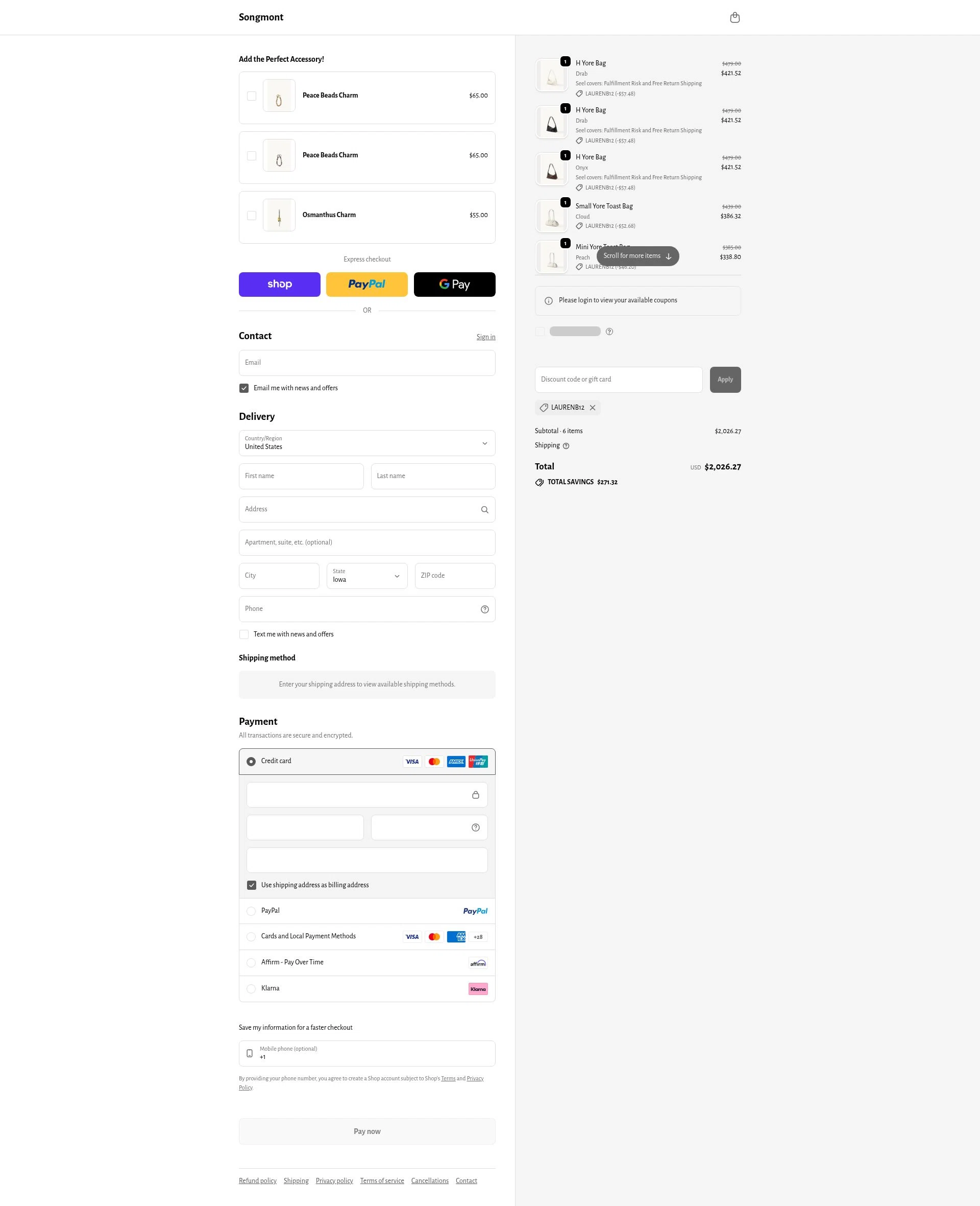 Songmont checkout page showing Songmont discount code box | Screenshot taken by SimplyCodes community member on Feb 24, 2026