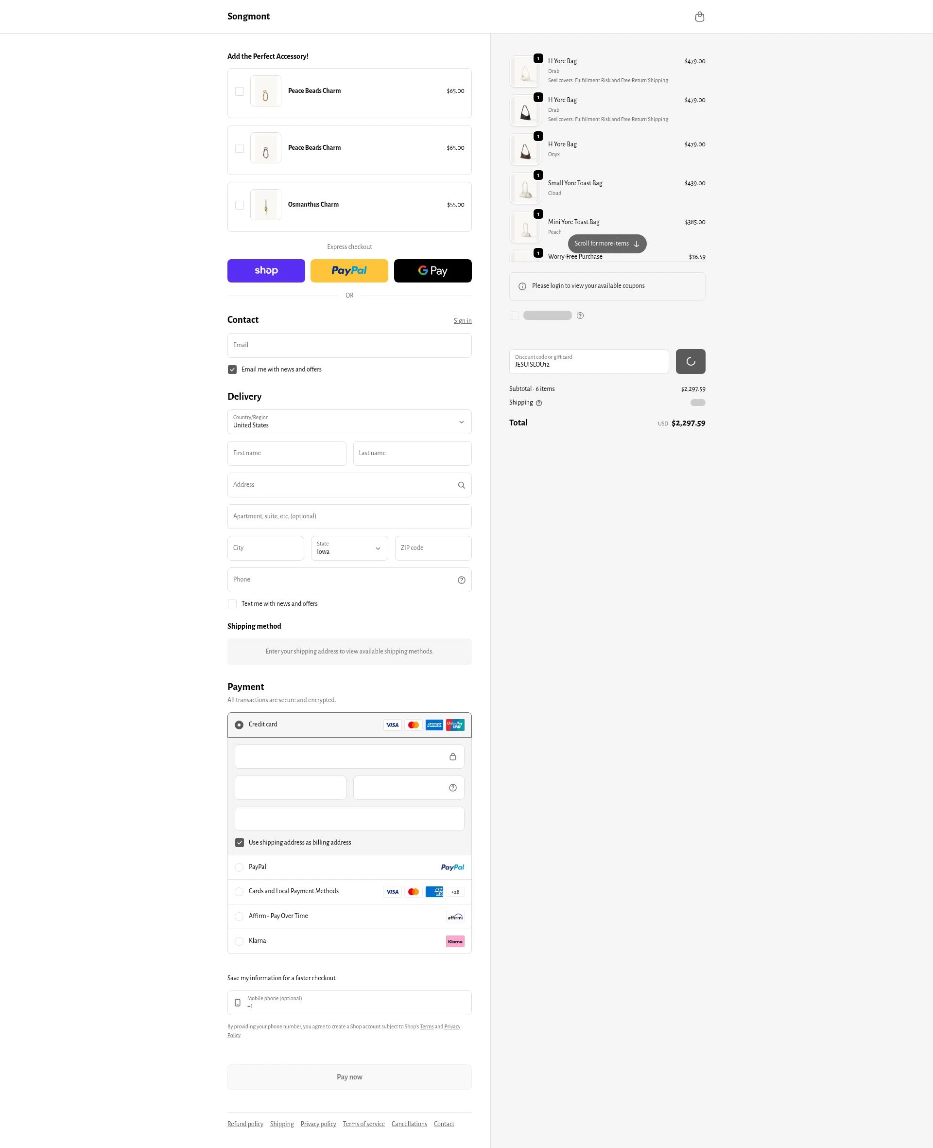 Songmont checkout page showing Songmont discount code box | Screenshot taken by SimplyCodes community member on Feb 24, 2026