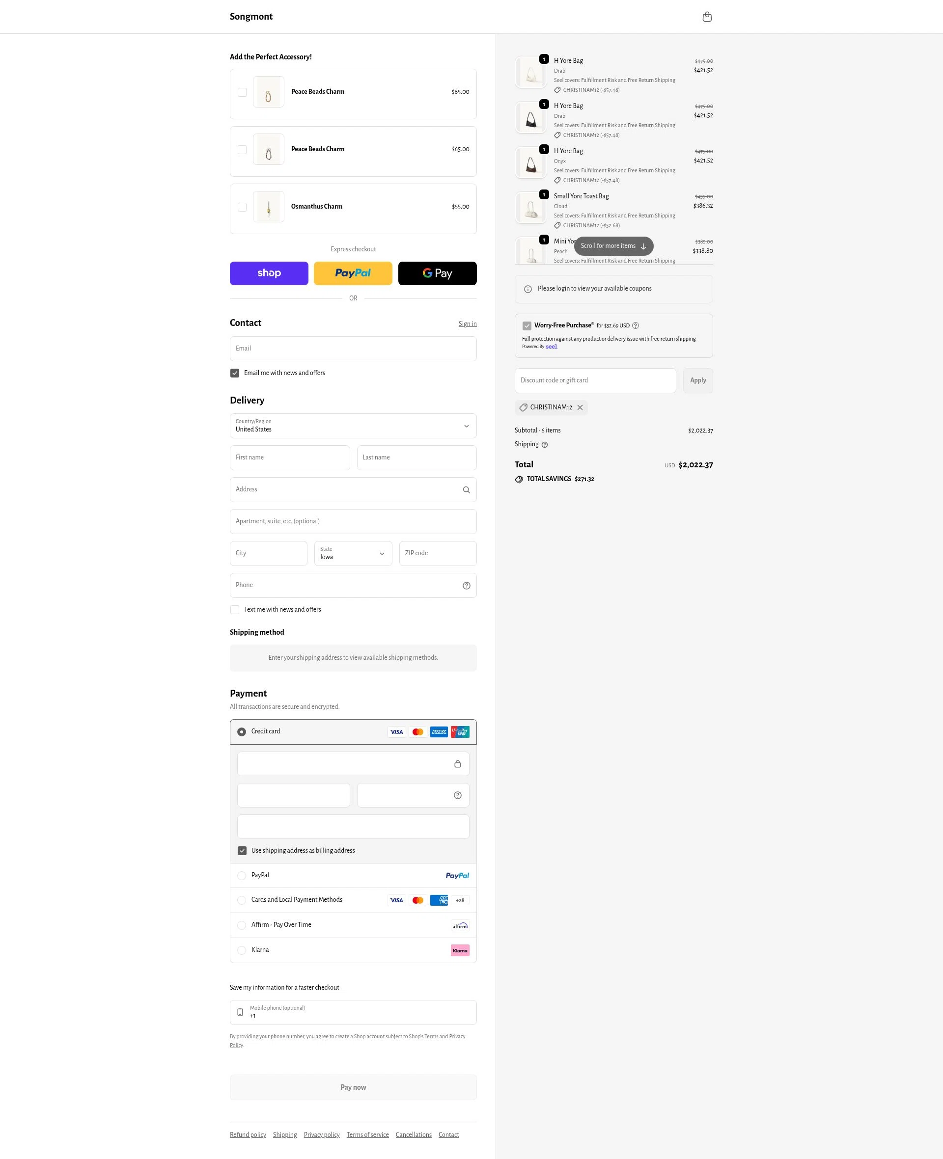 Songmont checkout page showing Songmont discount code box | Screenshot taken by SimplyCodes community member on Feb 24, 2026