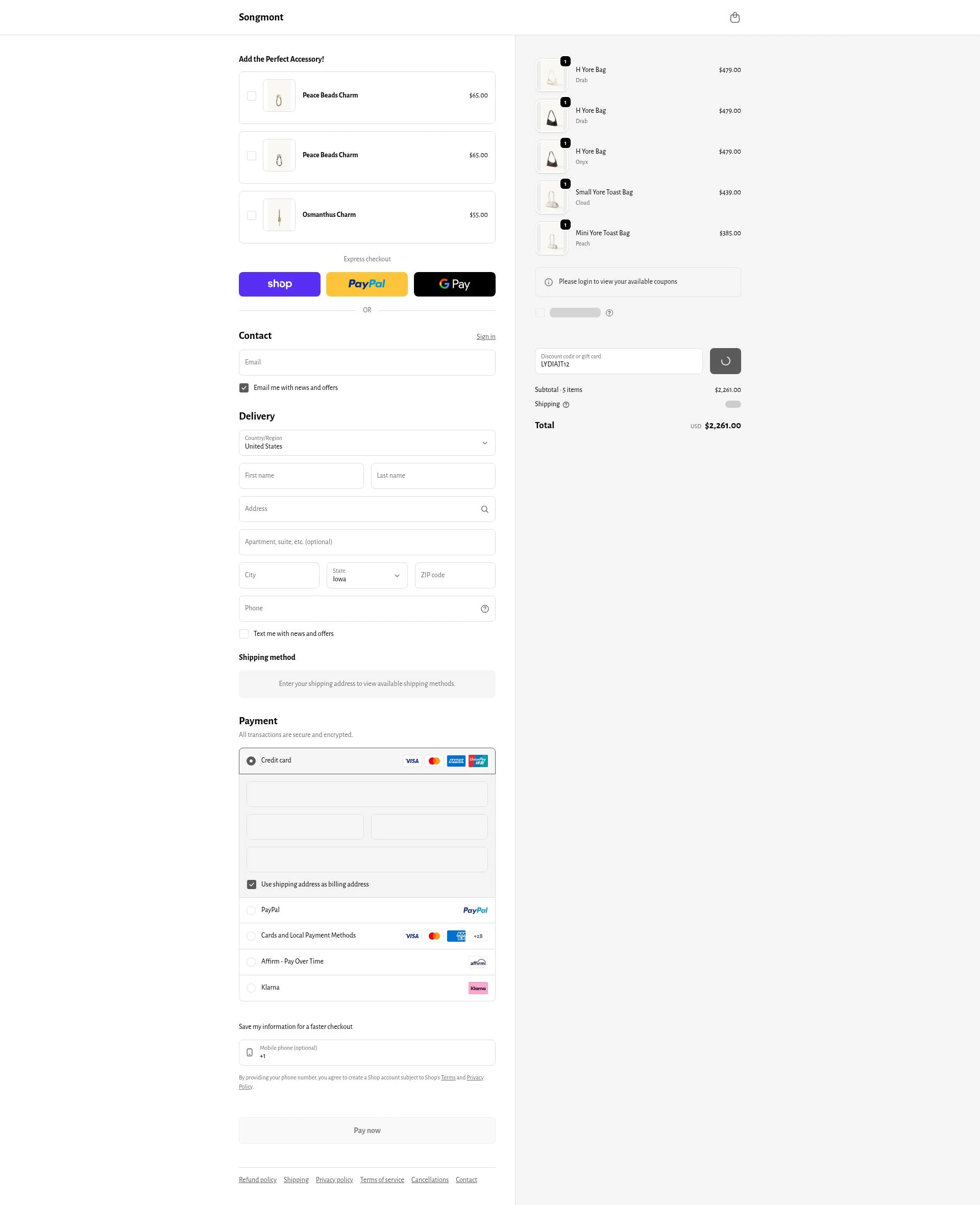 Songmont checkout page showing Songmont discount code box | Screenshot taken by SimplyCodes community member on Feb 24, 2026