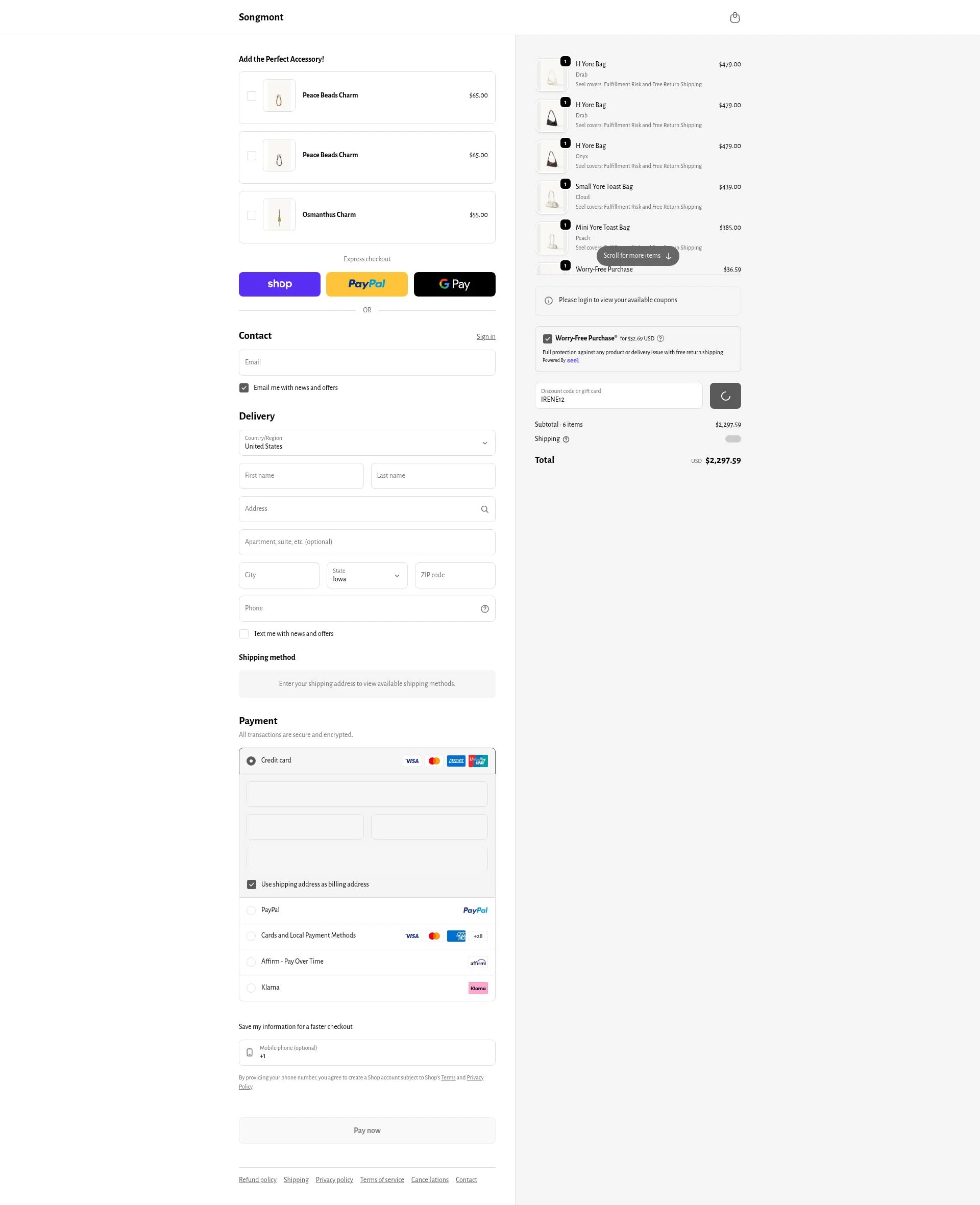 Songmont checkout page showing Songmont discount code box | Screenshot taken by SimplyCodes community member on Feb 24, 2026