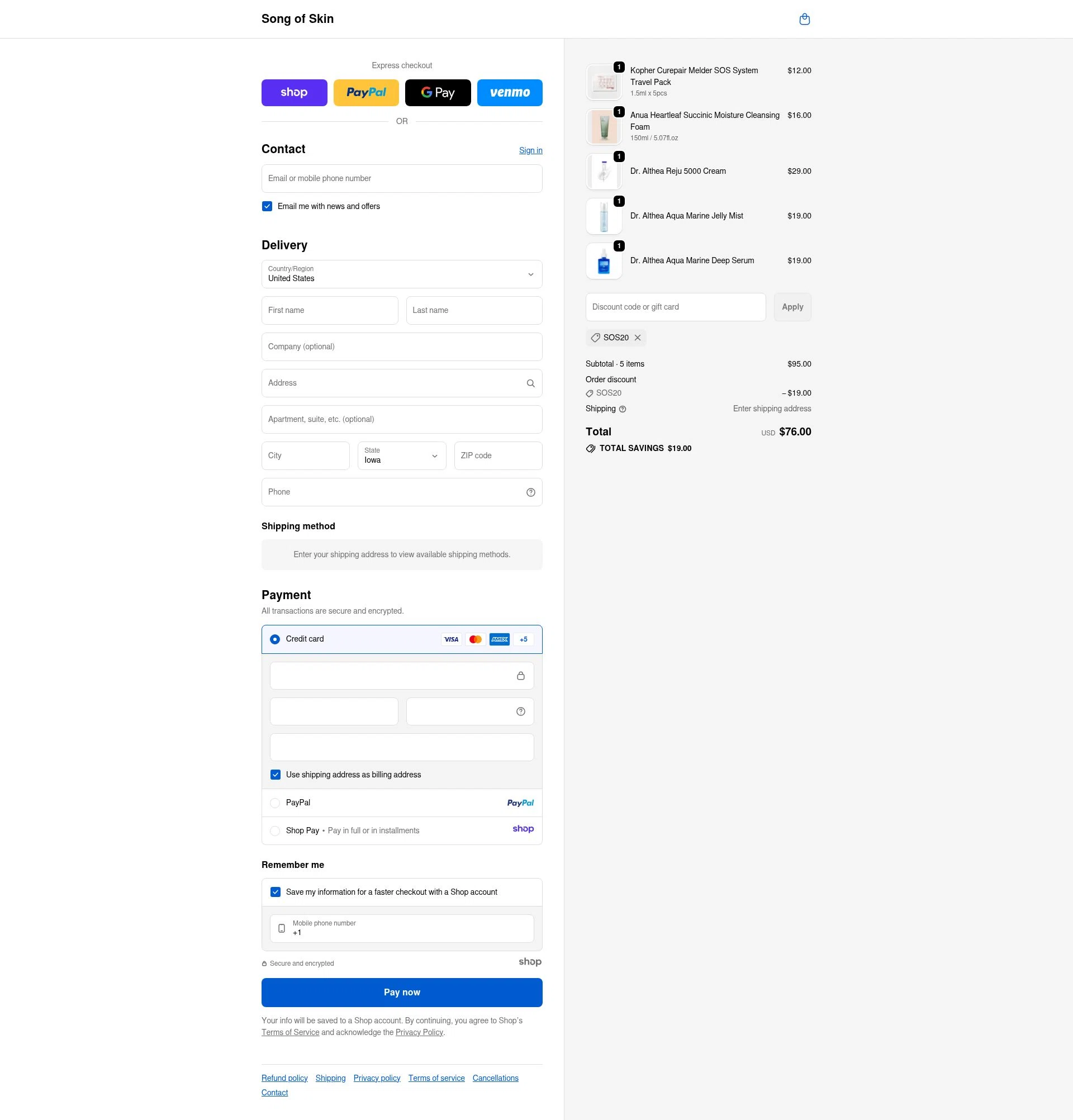 Song of Skin checkout page showing Song of Skin discount code box | Screenshot taken by SimplyCodes community member on Nov 27, 2025