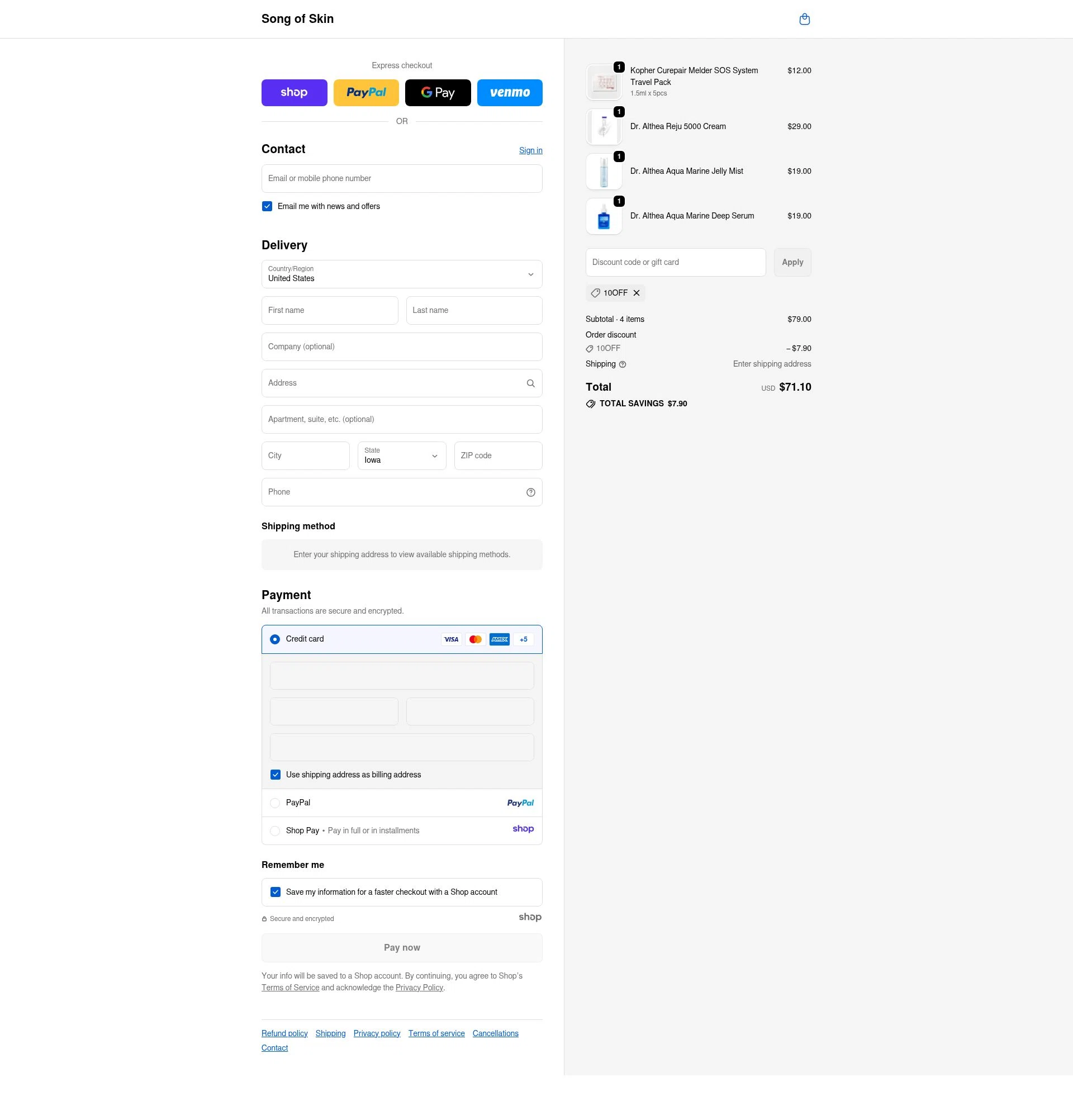 Song of Skin checkout page showing Song of Skin discount code box | Screenshot taken by SimplyCodes community member on Dec 2, 2025