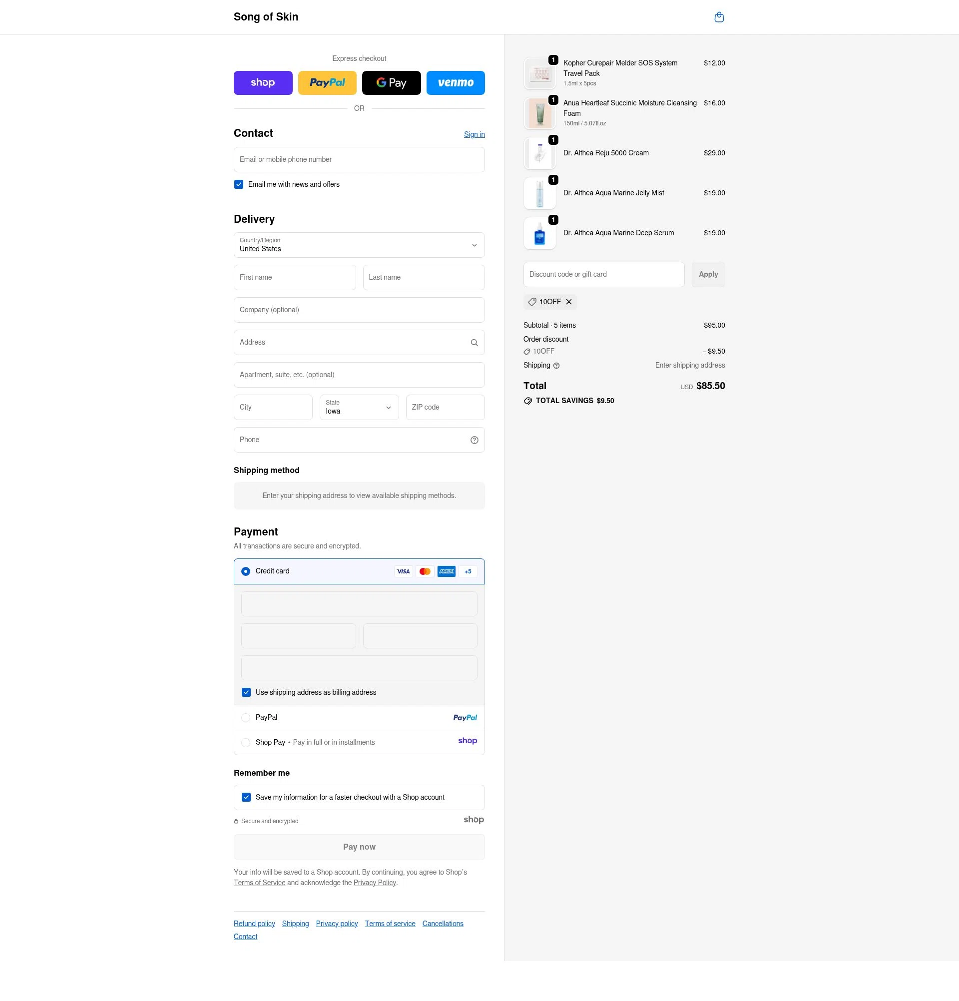 Song of Skin checkout page showing Song of Skin discount code box | Screenshot taken by SimplyCodes community member on Nov 27, 2025