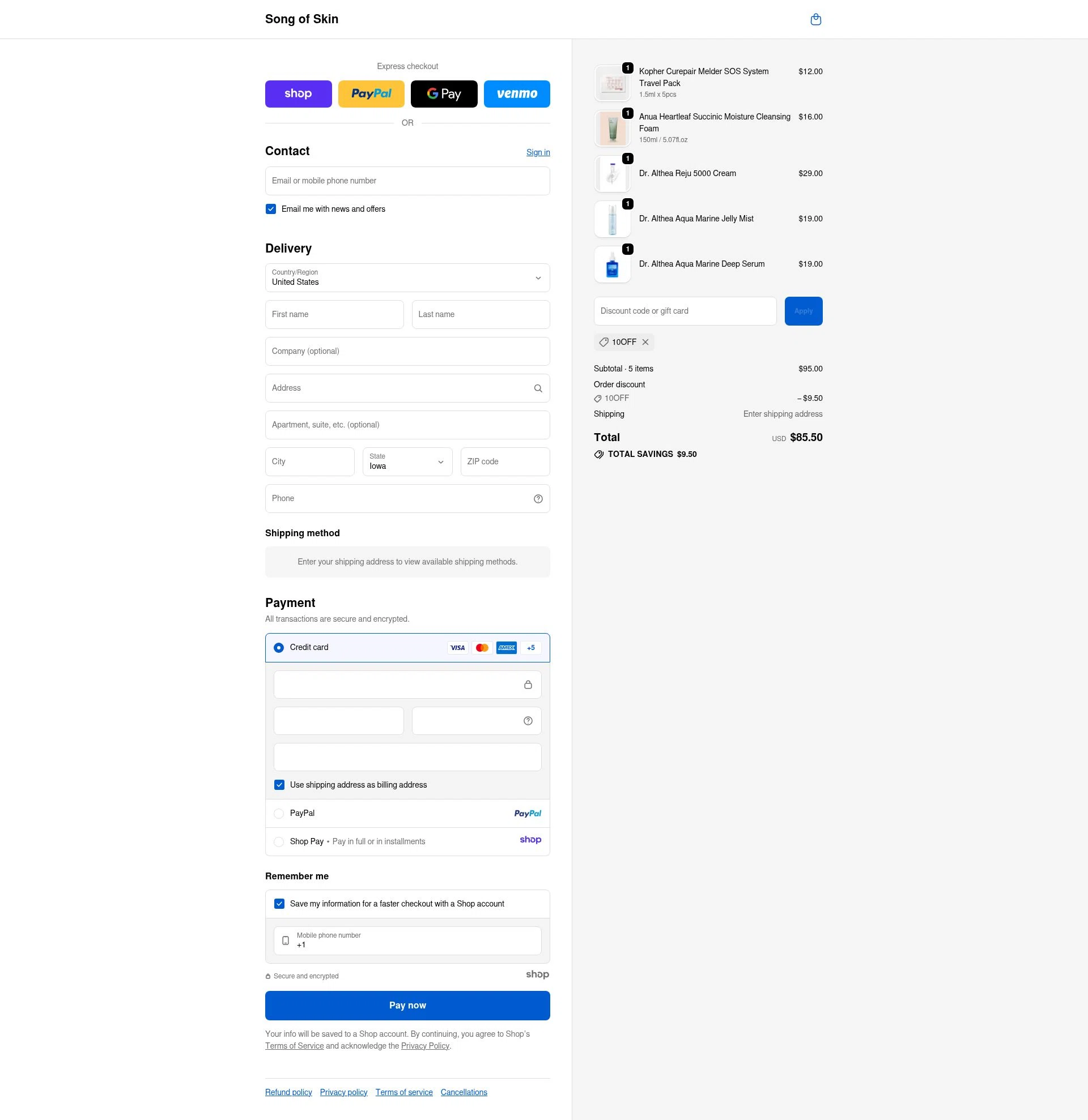 Song of Skin checkout page showing Song of Skin discount code box | Screenshot taken by SimplyCodes community member on Nov 22, 2025