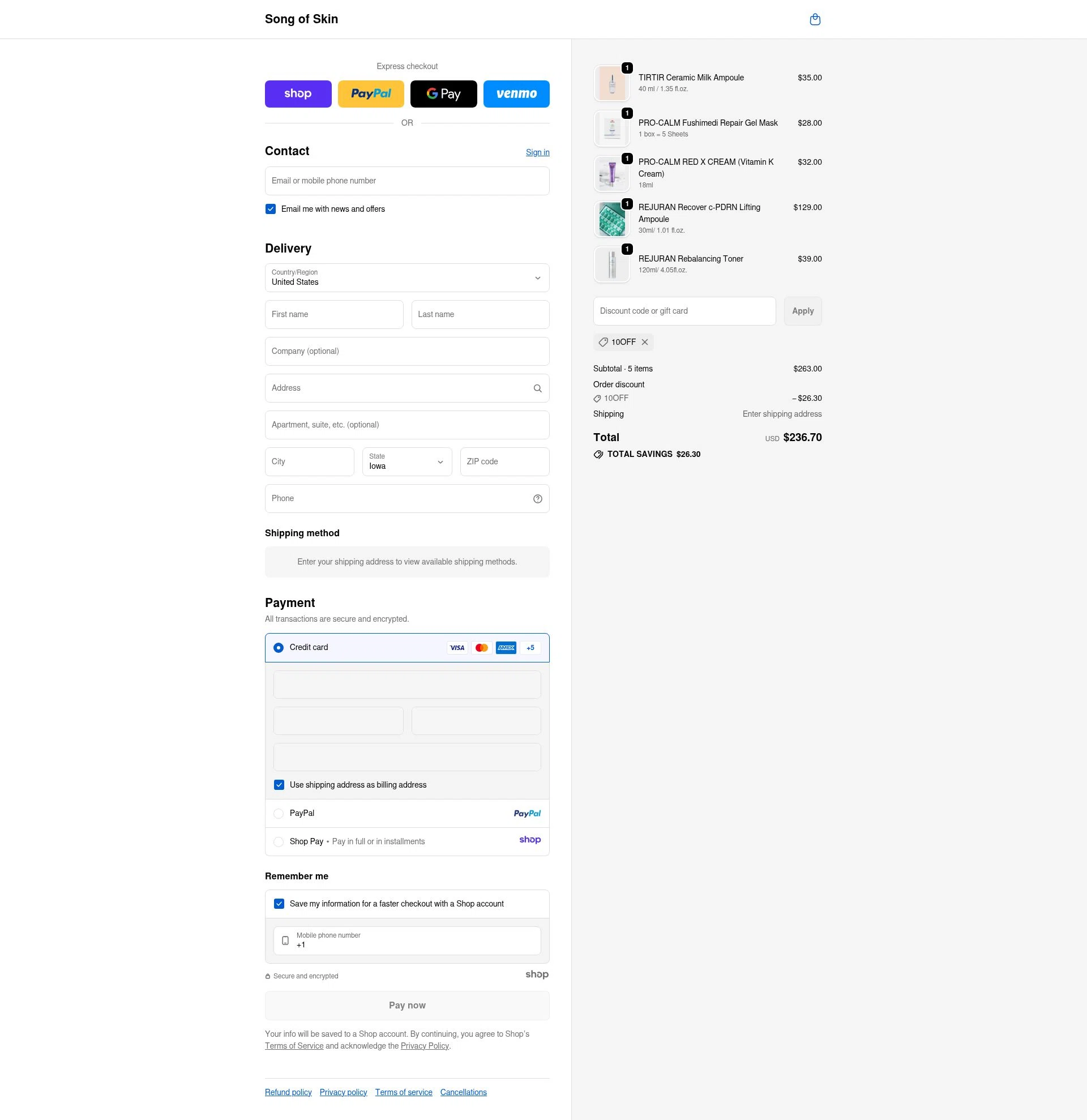 Song of Skin checkout page showing Song of Skin discount code box | Screenshot taken by SimplyCodes community member on Nov 11, 2025