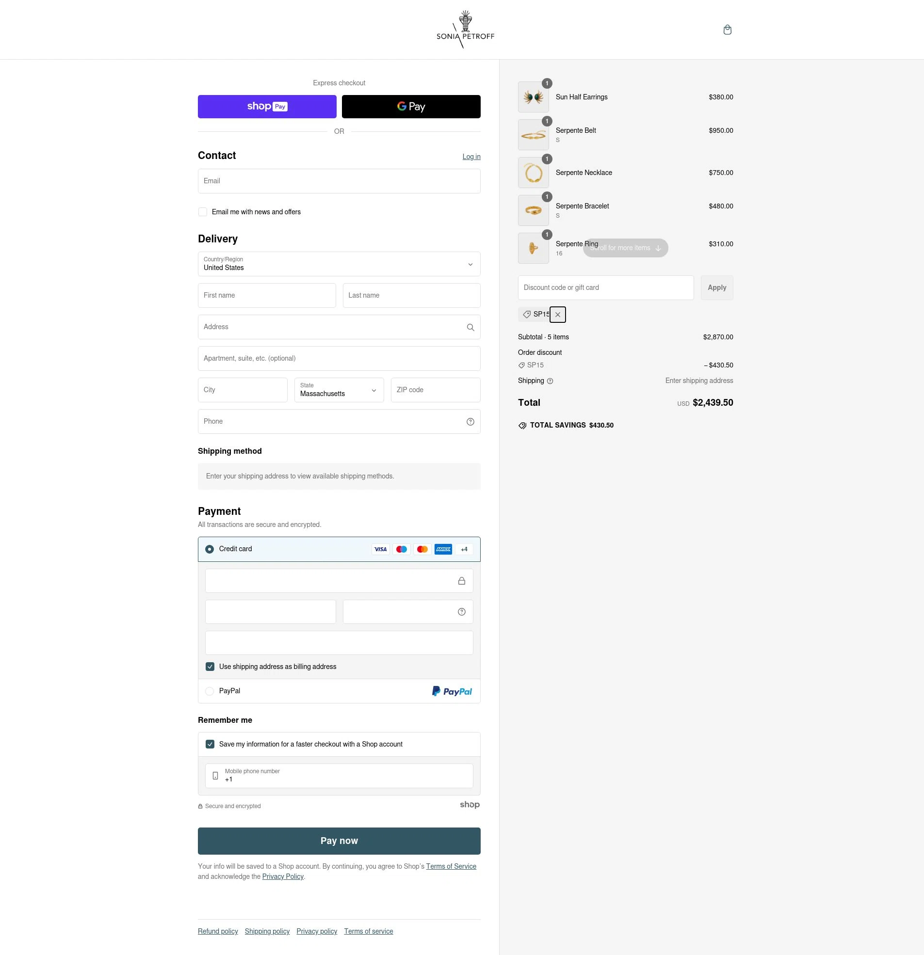 Sonia Petroff checkout page showing Sonia Petroff promo code box | Screenshot taken by SimplyCodes community member on Feb 5, 2025