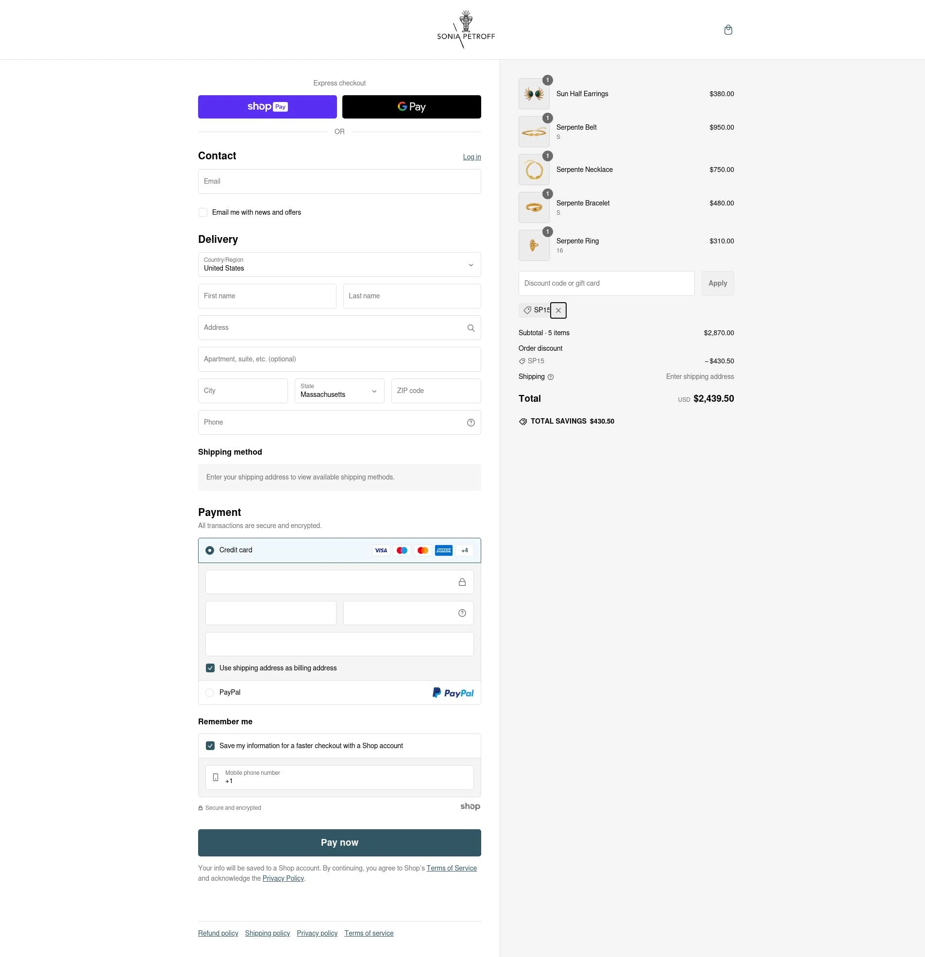 Sonia Petroff checkout page showing Sonia Petroff promo code box | Screenshot taken by SimplyCodes community member on Feb 2, 2025